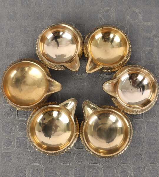 Brass Indian Puja Oil Lamp Golden Kuber Diya Lamp Engraved Diya Oil Lamps-Pack of 6