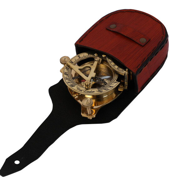 Magnetic Compass with Beautiful Brass Finish Sundial Sun Clock 3 Inch Navigation Pocket Compass with Brown Leather Case